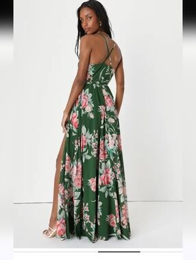 Lulus Green Floral Maxi Dress with Pink Bloom Print